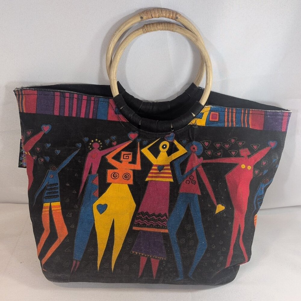 Laurel Burch Bamboo Handles Tote Bag Purse Love Heart People Black Multicolor